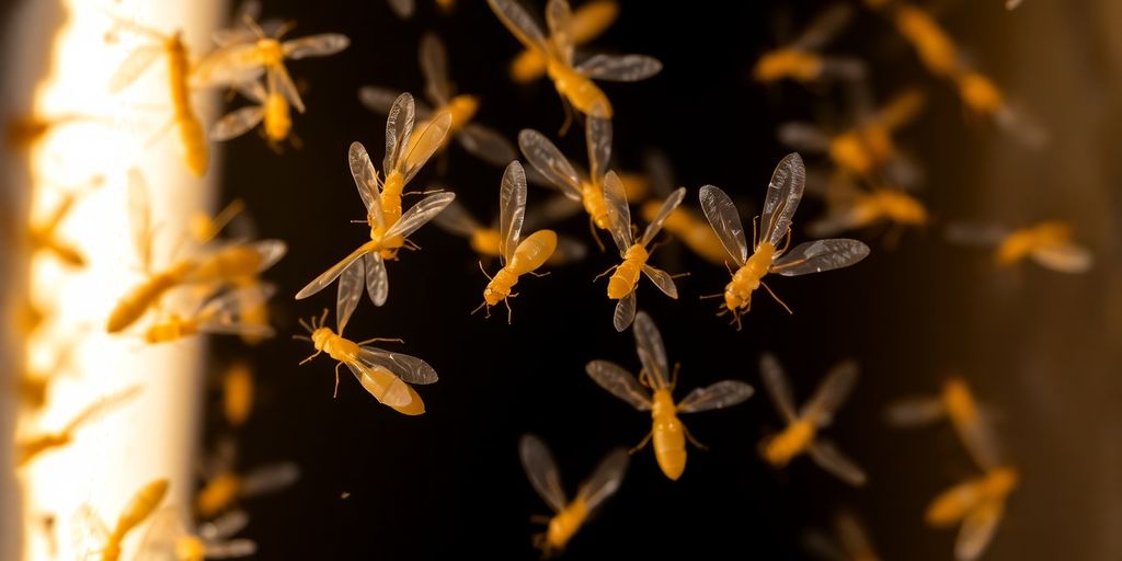 Flying termites swarming around a light source at night.