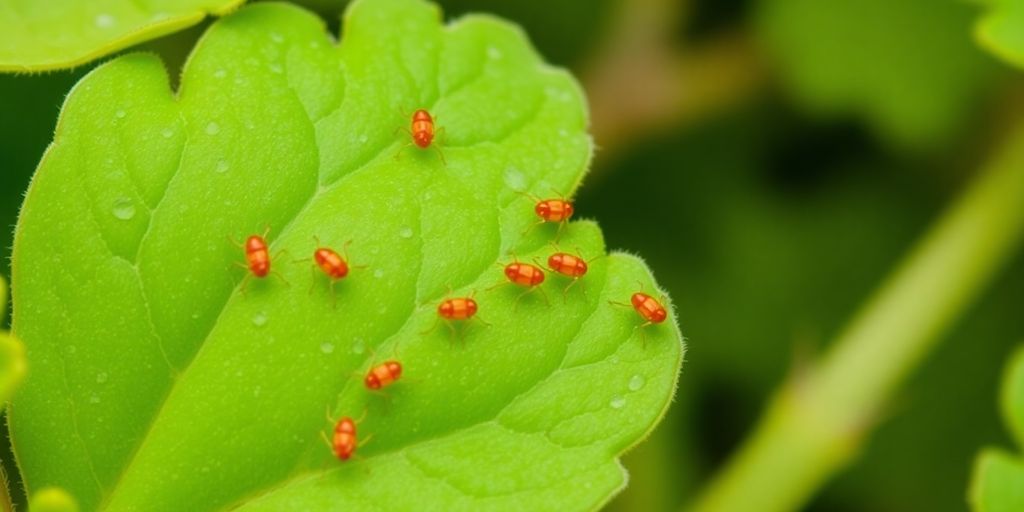 Clover mites crawling on a green leaf.