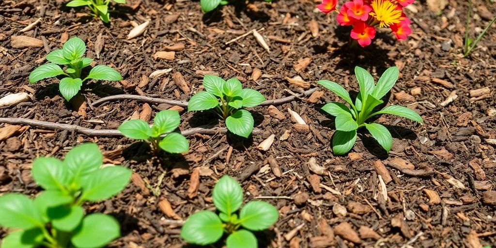Garden scene with mulch and plants for termite control.