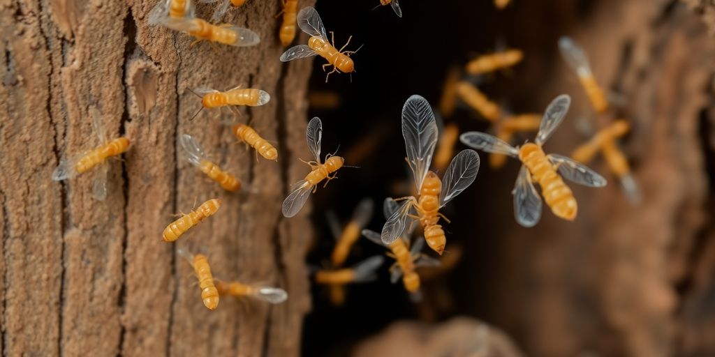 Close-up of flying termites swarming around wood.