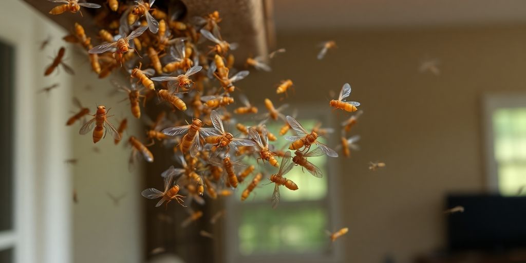 Close-up of flying termites swarming near wood.