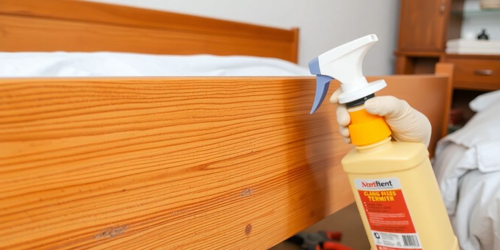 Wooden bed frame being treated for termites with tools.