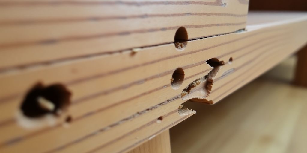 Wooden furniture damaged by termites close-up photograph.