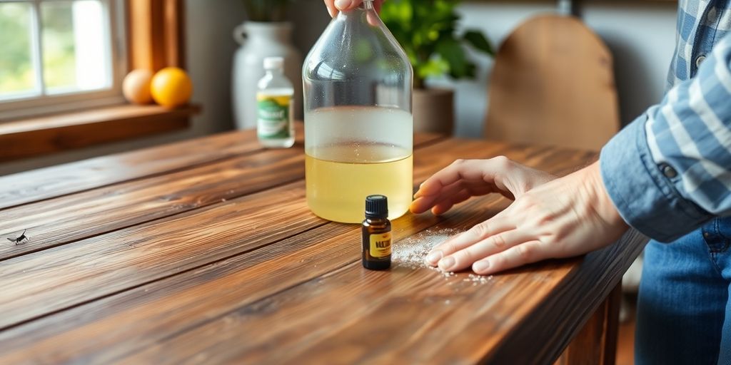 Hands applying natural termite treatment on wooden furniture.