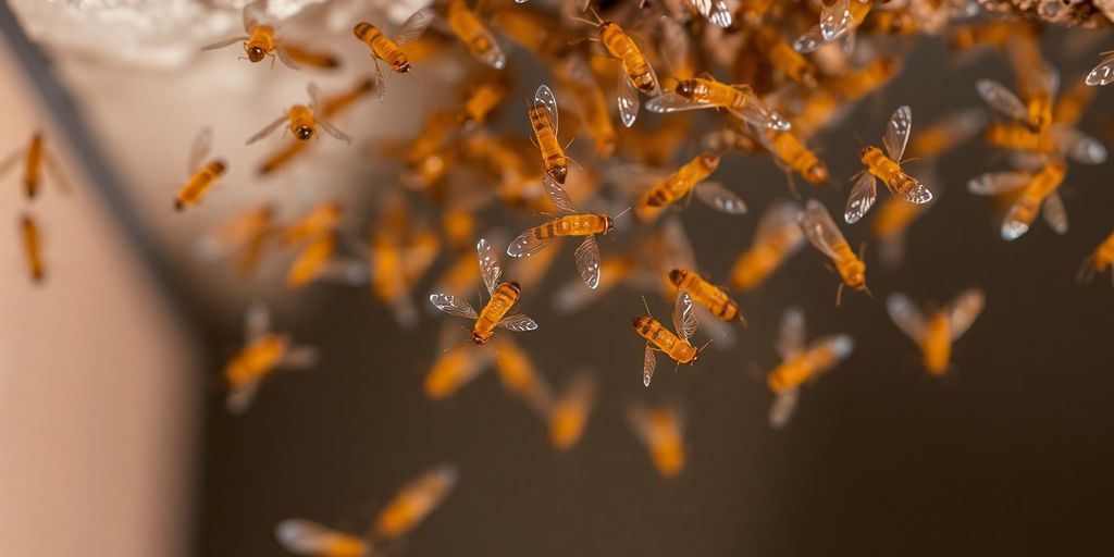 Close-up of flying termites swarming around a light.