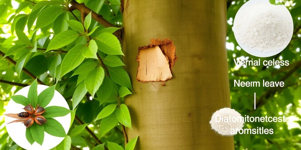 Healthy tree trunk with natural termite control remedies nearby.